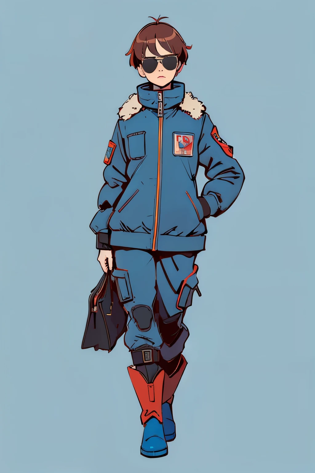 full body image, (ultra detailed,ultra high res,detailed background),((2D)),((flat color)),((muted color)), 1solo, looking at viewer, baggy flight suit, large shearling collared bomber jacket, (big red galoshes), plush collar, full body image, wearing sunglasses, ((smokey blue background)), ((apocalyptic city)), entire body in frame, 