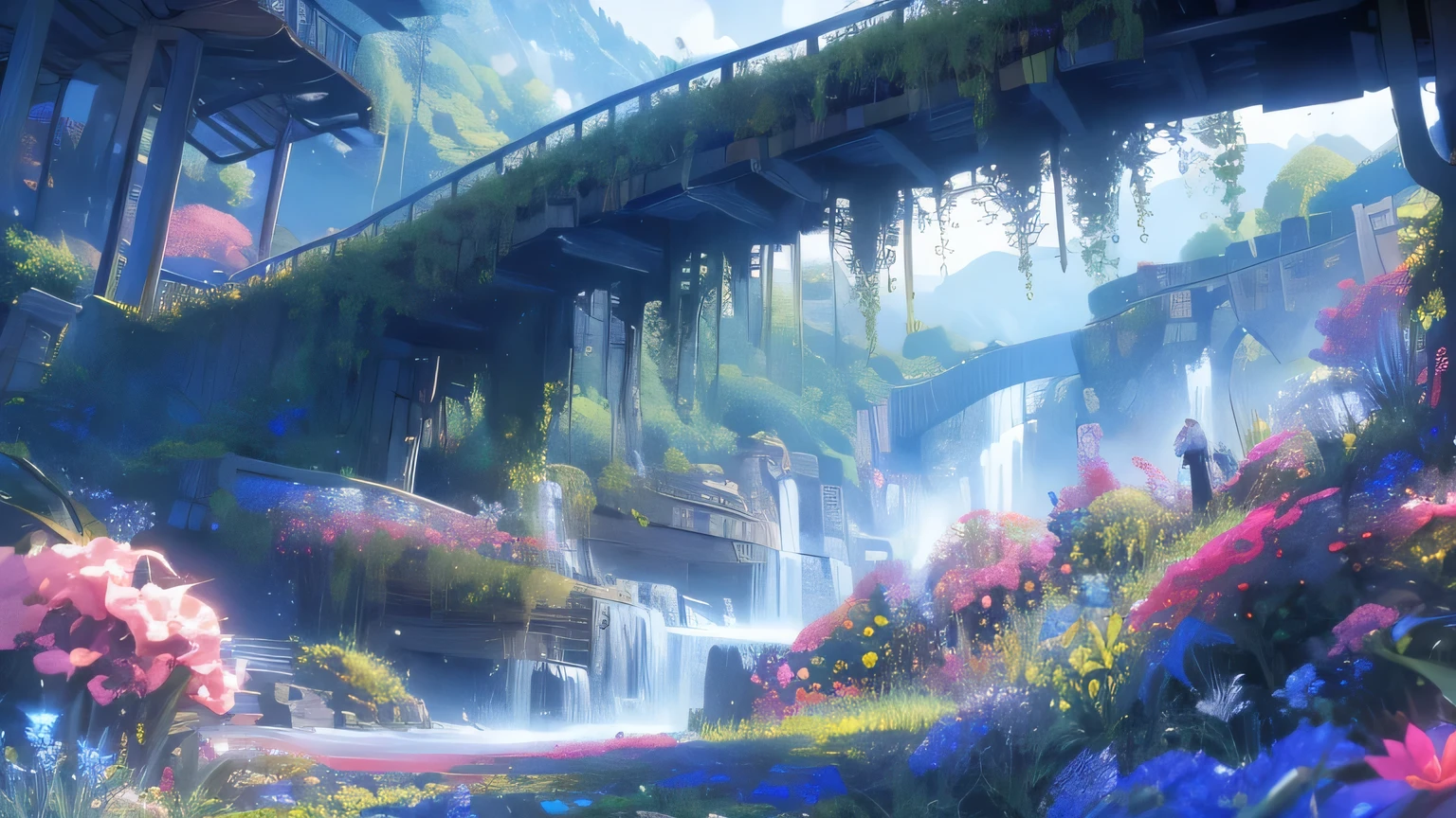 a little valley with huge cascades and flowers, i'ts in the morning.