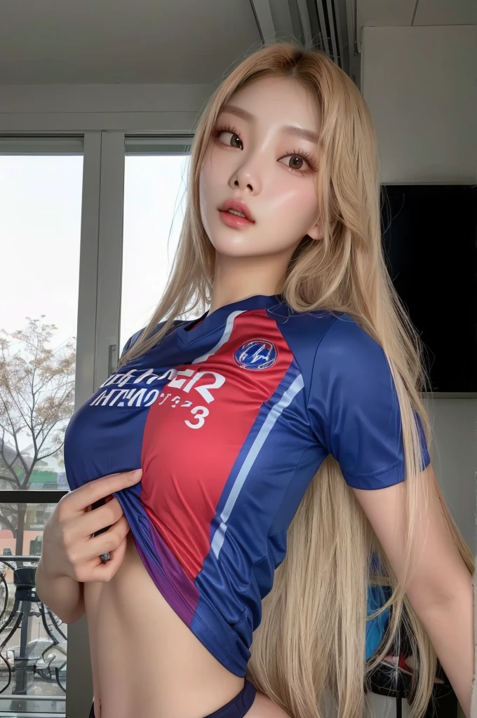 a Close up of a woman in a blue and red shirt, korean, beautiful south mulher korean, parque roseanne de blackpink, mulher korean, Cl, gorgeous young mulher korean, heonhwa choe, wearing tight shirt, jaeyeon nam, wearing a volleyball shirt, wearing NBA jersey, korean idol, tight shirt, instagram model, Anna Nikonova aka Newmilky