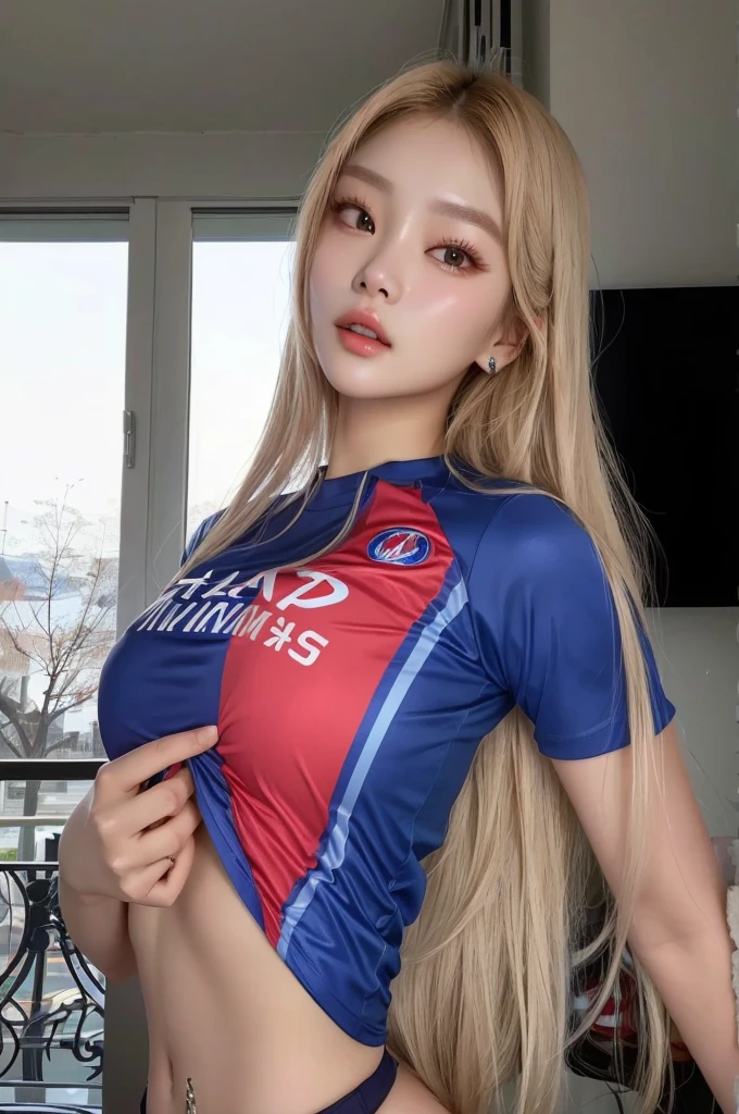 a Close up of a woman in a blue and red shirt,  korean, beautiful south mulher korean, parque roseanne de blackpink, mulher korean, Cl, gorgeous young mulher korean, heonhwa choe, wearing tight shirt, jaeyeon nam, wearing a volleyball shirt, wearing NBA jersey, korean idol, tight shirt, instagram model, Anna Nikonova aka Newmilky