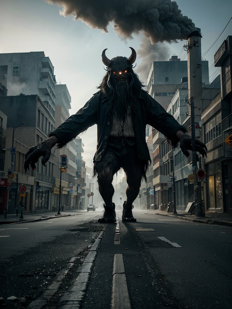 Create a giant hand that is a monster that walks down an abandoned street full of fog, let the hand walk with its fingers