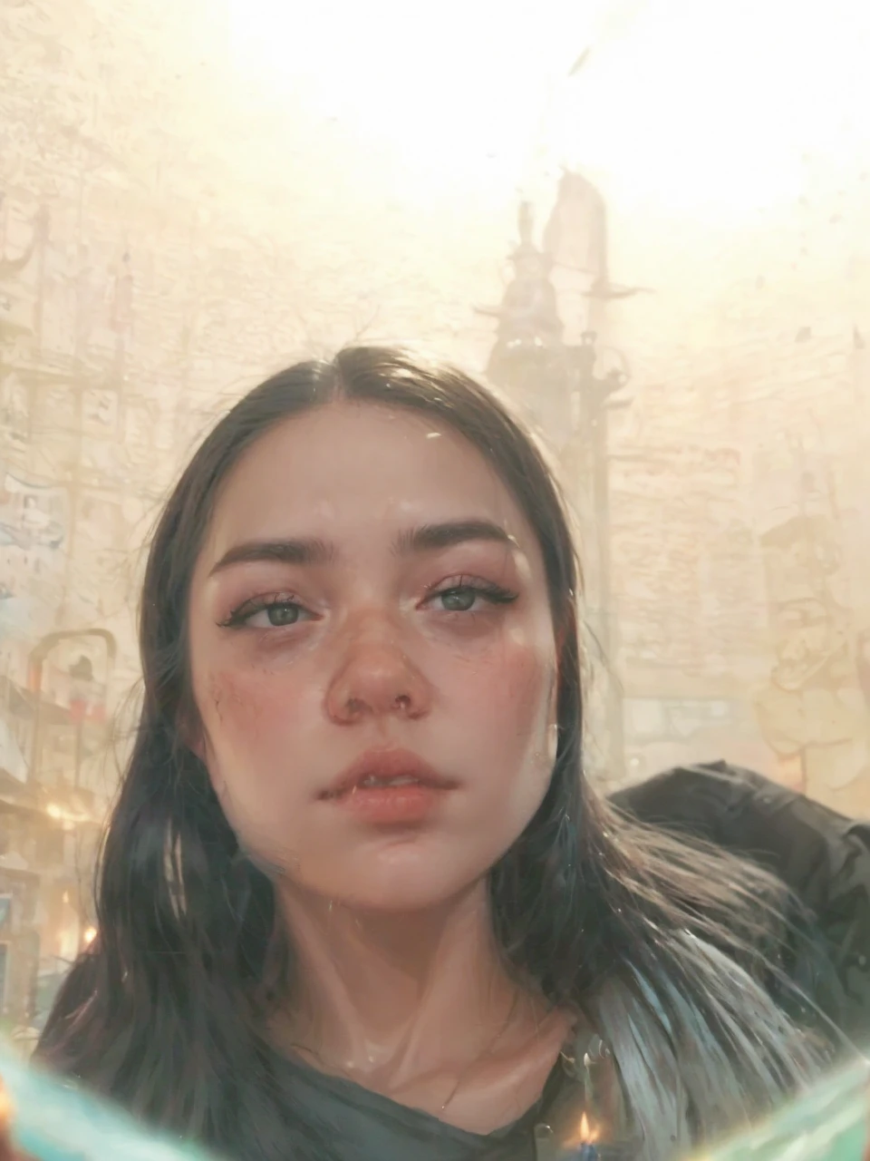 A gypsy ,looks at the camera.In front of her are tarot cards.skull and candles on the table.black cat next to her.She looks like Monica Belluci