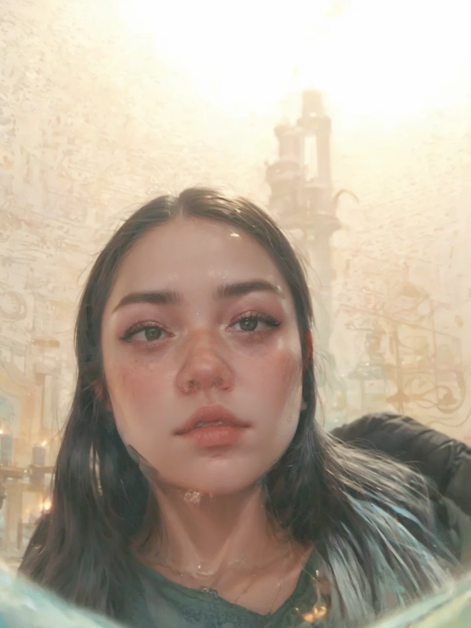 A gypsy ,looks at the camera.In front of her are tarot cards.skull and candles on the table.black cat next to her.She looks like Monica Belluci