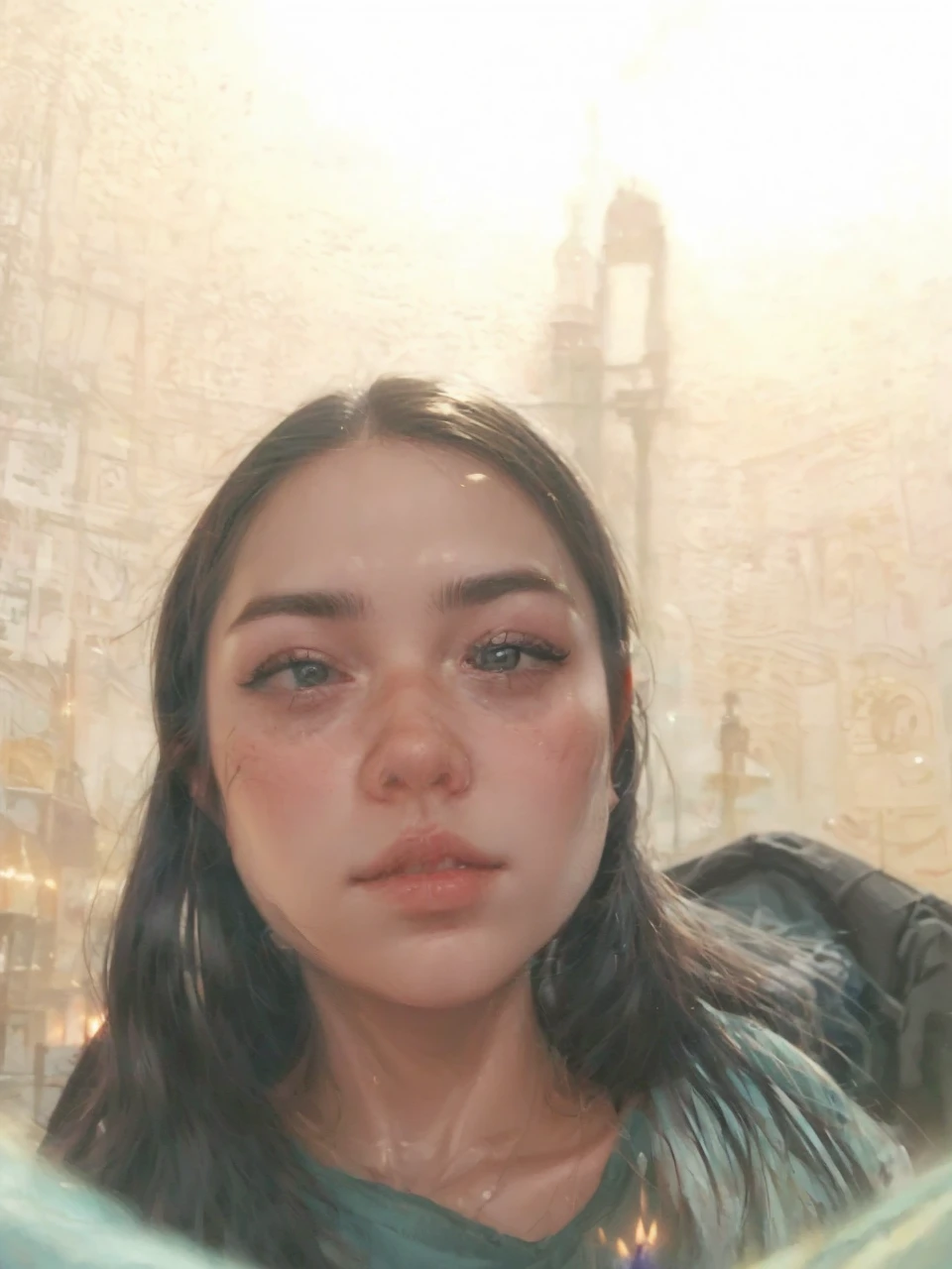 A gypsy ,looks at the camera.In front of her are tarot cards.skull and candles on the table.black cat next to her.She looks like Monica Belluci