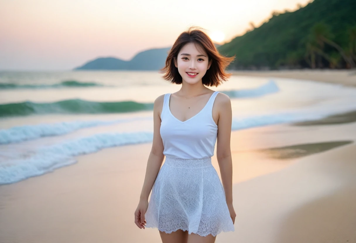 beautiful korean girl, Chest size 34 inches, Wear sleeveless, light skirt, red light on the beach at sunset. beautiful pretty woman look , wearing a light skirt , Go far into the sea water and dip your toes., Short medium hair blowing in the wind, 1 woman, beautiful eyes, a little smile, Beach with waves in Da Nang, Vietnam, I see palm trees, Photo taken from a distance with a wide-angle lens, best high definition, perfect sea view, whole body. The background is clear