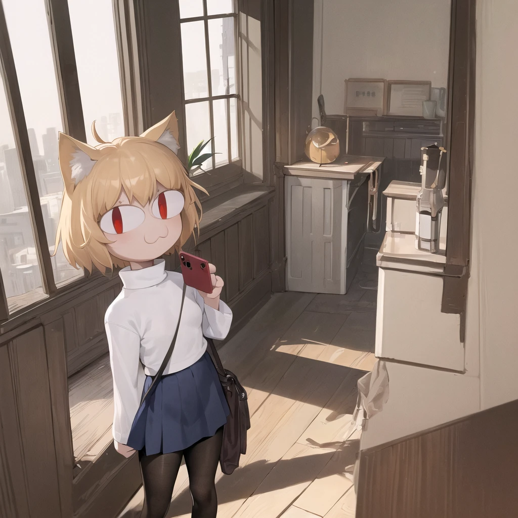 (masterpiece, best quality:1.2), necoarc, slit pupils, cat ears, blonde hair, red eyes, chibi, 1boy, solo, white turtleneck, blue skirt, pleated skirt, brown footwear, pantyhose, near a window, inside a room, highlight thighs, landscape, selfie, cell phone in hand