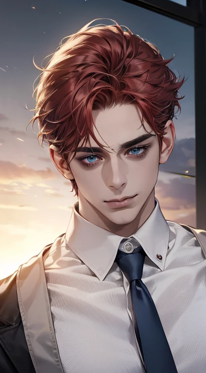 (best quality,4k,8k,highres,masterpiece:1.2),ultra-detailed,(realistic,photorealistic,photo-realistic:1.37),1 man,31 years old,mature man,very handsome,without expression,smile,short grey red hair,blue eyes,penetrating gaze,perfect face without errors,imposing posture,businessman,office background,cinematic lighting,hdr image