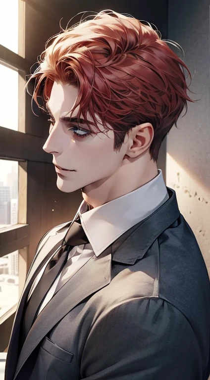 (best quality,4k,8k,highres,masterpiece:1.2),ultra-detailed,(realistic,photorealistic,photo-realistic:1.37),1 man,31 years old,mature man,very handsome,without expression,smile,short grey red hair,blue eyes,penetrating gaze,perfect face without errors,imposing posture,businessman,office background,cinematic lighting,hdr image