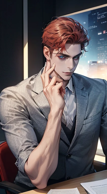(best quality,4k,8k,highres,masterpiece:1.2),ultra-detailed,(realistic,photorealistic,photo-realistic:1.37),1 man,31 years old,mature man,very handsome,without expression,smile,short grey red hair,blue eyes,penetrating gaze,perfect face without errors,imposing posture,businessman,office background,cinematic lighting,hdr image