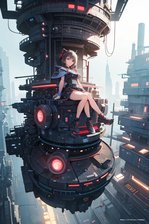 A girl sits on top of a complex machinery structure in a futuristic city
