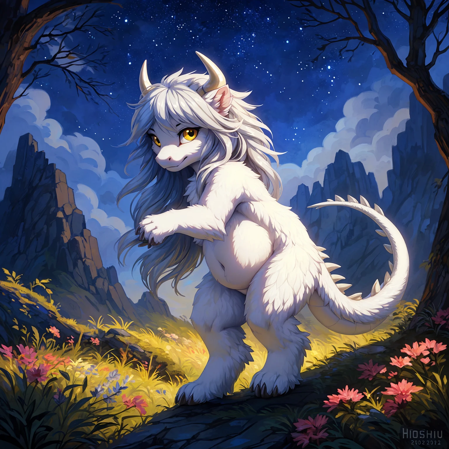 ultra-detailed, masterpiece, masterwork, high quality, best quality, hdr, (nature, night), posted on e621, (by hioshiru), nsfw, female, solo, chibi, (white body minotaur), hairy dragon, (nude, chubby body), (long silver hair, yellow eyes), standing, stylish pose, from below, dynamic angle