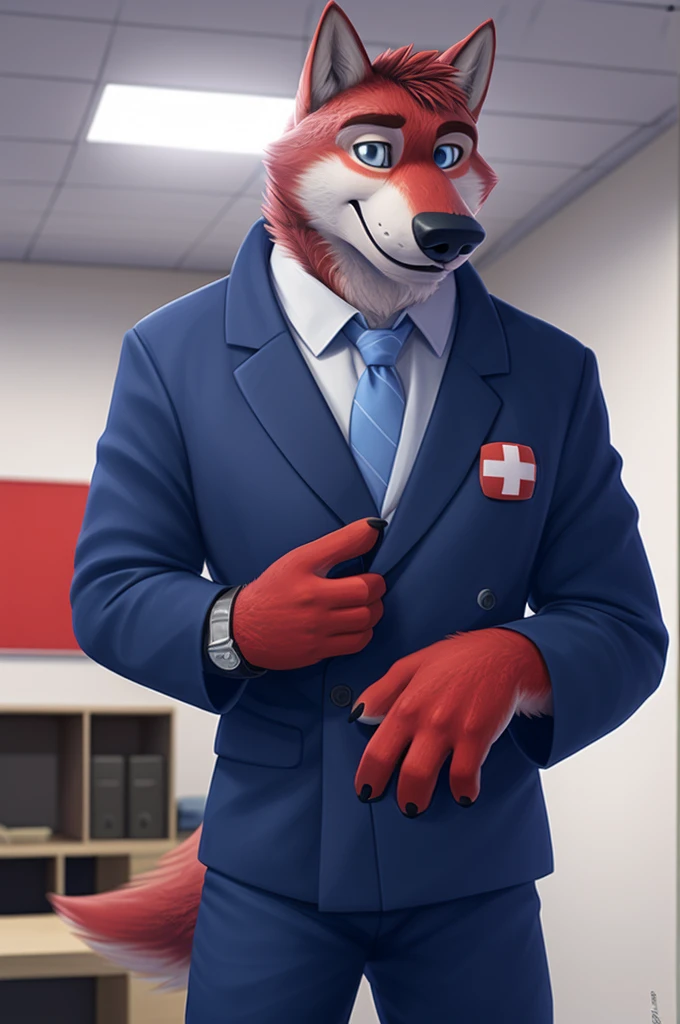 Ivan Fedorovich Wolfbach (Novosibirsk) ,tall handsome, wolf,young, 24 years, brown fur,Kind,(red body:1.3),beautiful blue eyes,Novosibirsk,dressed,blazer, lifeguard uniform, зеленый blazer, White shirt, black tie, Green pants,lifeguard chevrons,, canine, wolf, detailed fur, male, antro, paw pads, finger claws,At the viewer, 5 fingers, paws, 5 fingers, smile, wrist watch, т nextel,by xenoforge, (difficult, high detail, digital photography, soft focus, RAW variety of theater,Very close to the camera сидит, office,Novosibirsk, smile, good mood, positive, Very close to the camera,Russian Emergency Situations Ministry, 
Photorealism, realistic, photorealistic, digital style, Subsurface scattering,I look at the viewer, in the shop, chooses flowers for mom, 
masterpiece, Best quality, ultra realistic, 8 k)