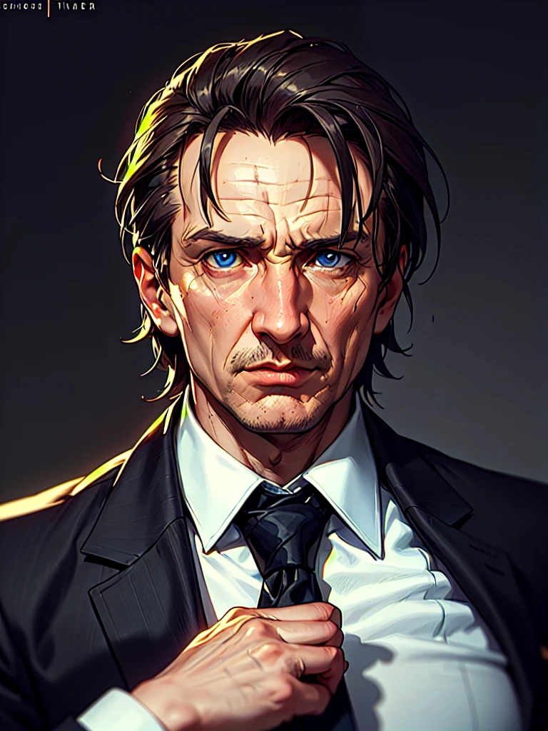 ((Portrait)), He has an Authoritative and Imposing Appearance, with a Distinguished Charm, Weathered Skin, and a Strong Build. He Expresses a Calm and Commanding Look, Giving Off a Serious Attitude. He has Piercing Blue Eyes, and His Hair is Short and Slightly Graying, Dark Brown, with a Clean-Shaven Face. He Wears a Sharp Dark Suit with a Crisp White Shirt and a Neatly Knotted Tie. ((Portrait, HDR, Dark Background)), Liam_Neeson