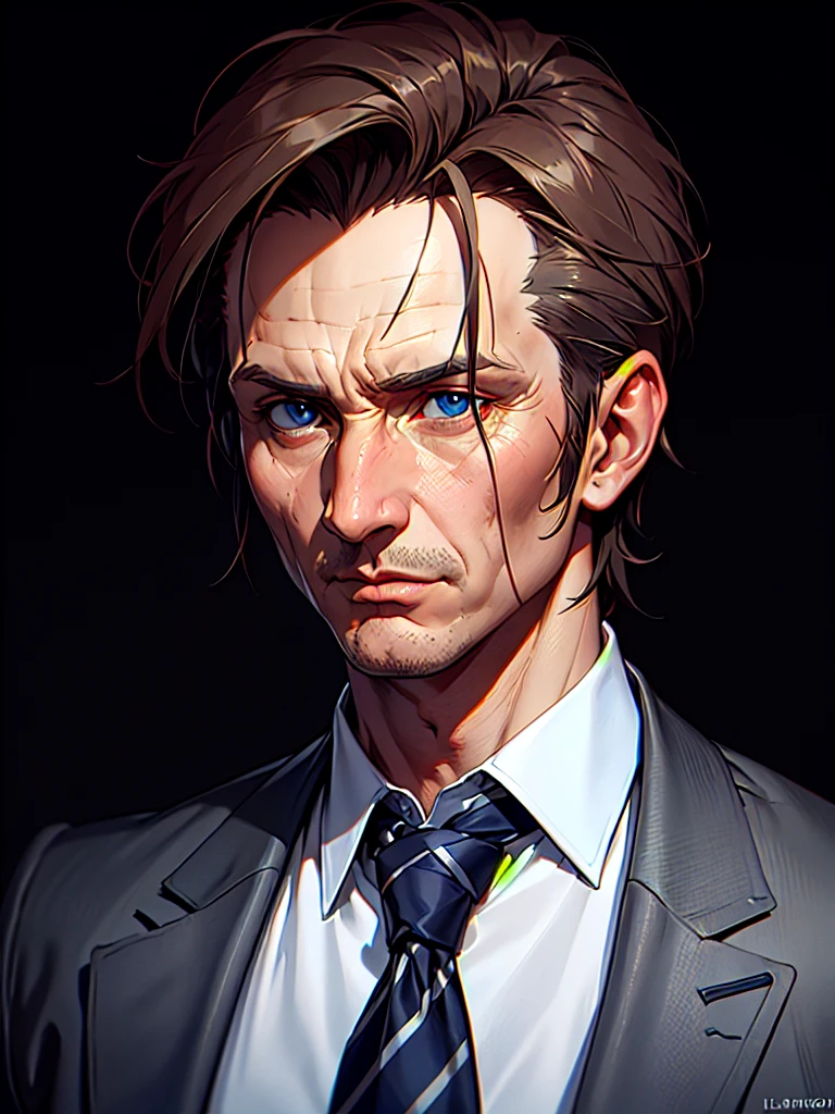 ((Portrait)), He has an Authoritative and Imposing Appearance, with a Distinguished Charm, Weathered Skin, and a Strong Build. He Expresses a Calm and Commanding Look, Giving Off a Serious Attitude. He has Piercing Blue Eyes, and His Hair is Short and Slightly Graying, Dark Brown, with a Clean-Shaven Face. He Wears a Sharp Dark Suit with a Crisp White Shirt and a Neatly Knotted Tie. ((Portrait, HDR, Dark Background)), Liam_Neeson