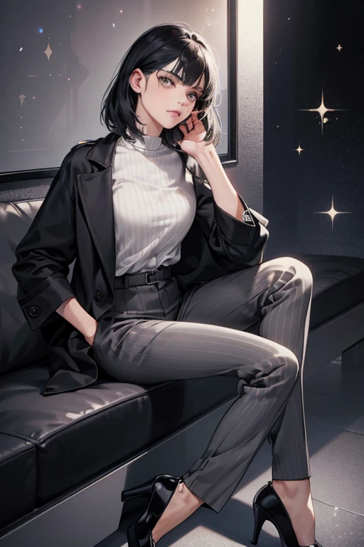 Amelie wears a gray blouse with a black stripe on both the edges underneath a dark gray long-sleeved jacket with a pearl-amberish white stripe on the edges of the jacket. She also wears dark gray business pants and black ankle-strap heels. SPARKLE; GLITTER