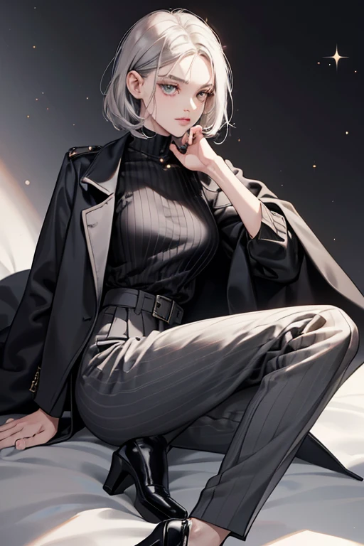 Amelie wears a gray blouse with a black stripe on both the edges underneath a dark gray long-sleeved jacket with a pearl-amberish white stripe on the edges of the jacket. She also wears dark gray business pants and black ankle-strap heels.  SPARKLE; GLITTER