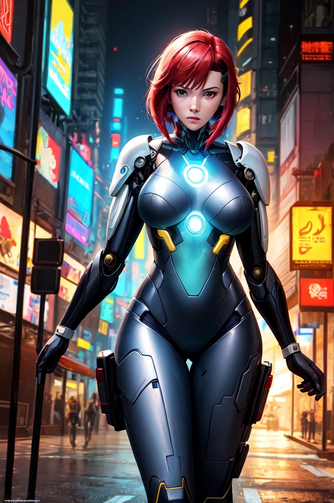 ((best quality)), ((masterpiece)), (detailed), Ghost in the Shell, tron Legacy, cyborg, elegant woman, cyberpunk, big breasts, short red hair, her body is very colorful