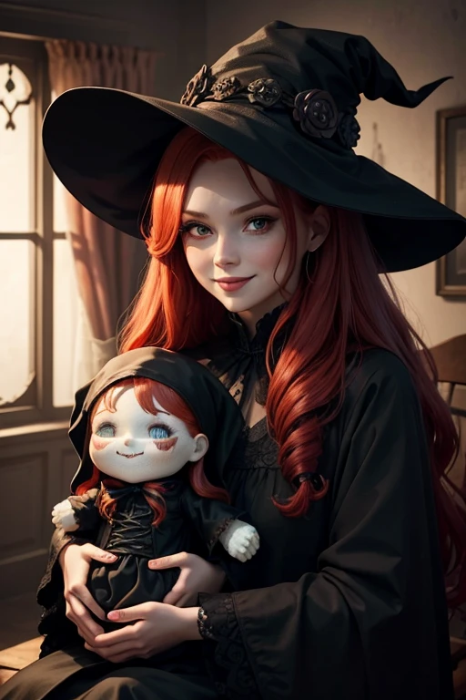 A red-haired witch with a dark and scary smile holding a haunted doll with a dark look