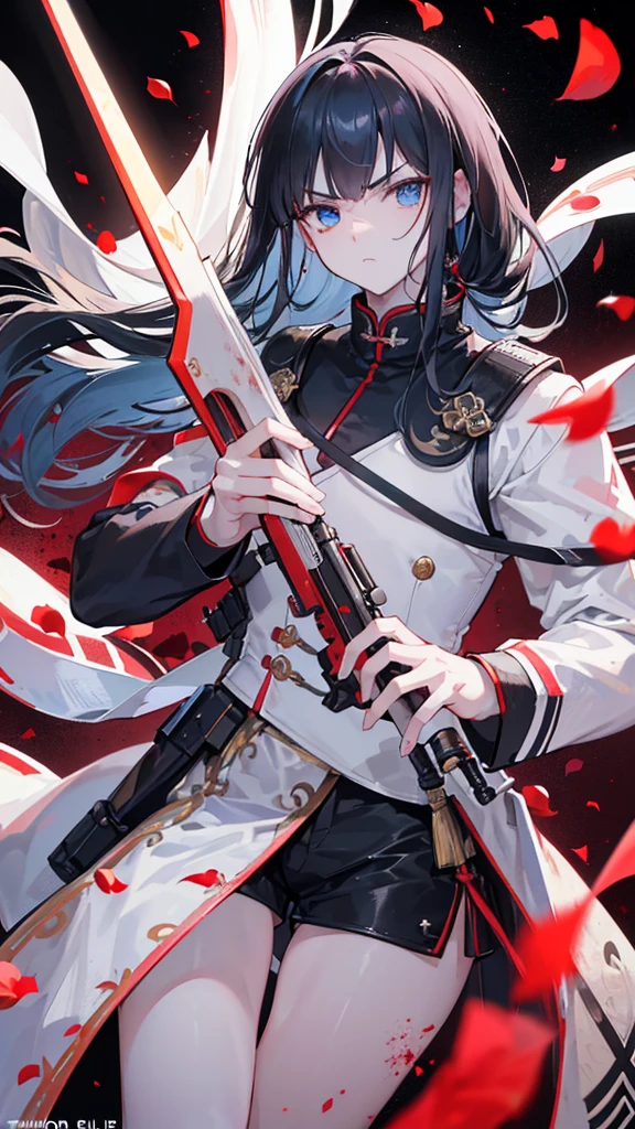 a young man, (((独奏)))), (looking 35 years old, pale skin, Cao Cao, pale skin, Round face, squared chin, olhar furioso, shining blue eyes: 1.85, black long straigh hair with bangs: 1.50, thick eyebrow, serious face), (he is an american sniper, wears military attire, but well aligned and carries a weapon like "sniper"), (he is covered in blood and has red rose petals floating around him, your eyes glow in an intense red light), (he holds a sniper rifle), (it's floating, descending from the heavens to combat), and the bottom is solid, the focus is just the character.