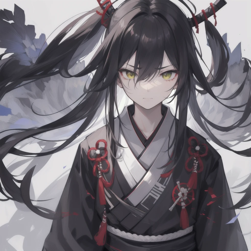 The character has long hair, smooth and black that fall over your face, partially hiding your eyes. Your eyes are different colors, with a yellow right eye and a green left eye, a detail that draws a lot of attention. His face is partially covered in white bandages that stretch from his nose to his chin., leaving only your eyes and forehead showing. He wears a traditional dark Japanese uniform with a high collar., typical of a warrior or samurai. His expression is serious and focused, conveying an air of mystery and determination.