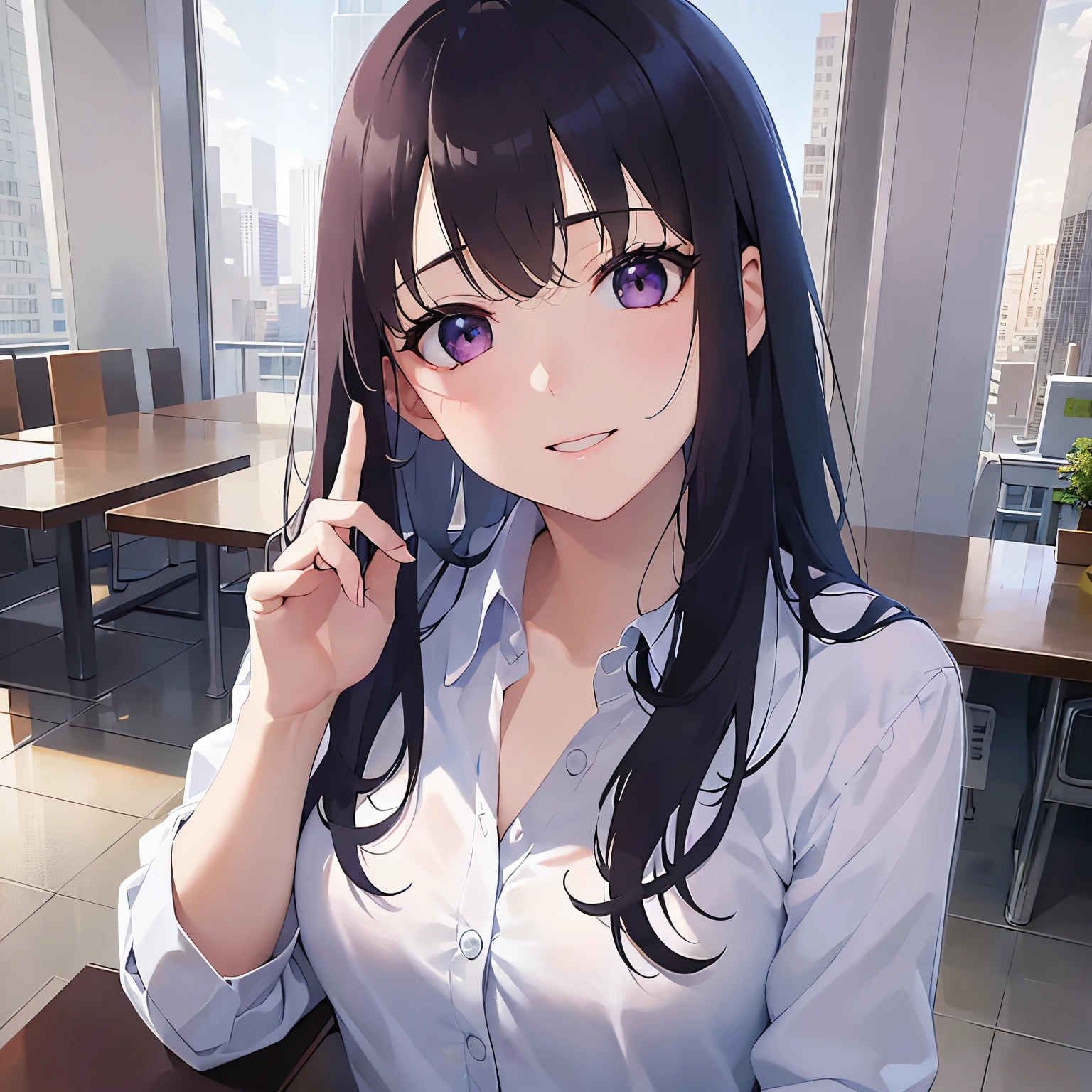 head tilt、Biologically correct five fingers、Shooting from above、Realistic, real person, (pale skin: 1.2), RAW photo, photorealistic, shiny skin, shiny hair、(A 25-year-old woman with straight hair and bangs) and (medium hair) and (black hair) and (purple eyes) , (white collared shirt)、smile, The background is the conference room、Alone、