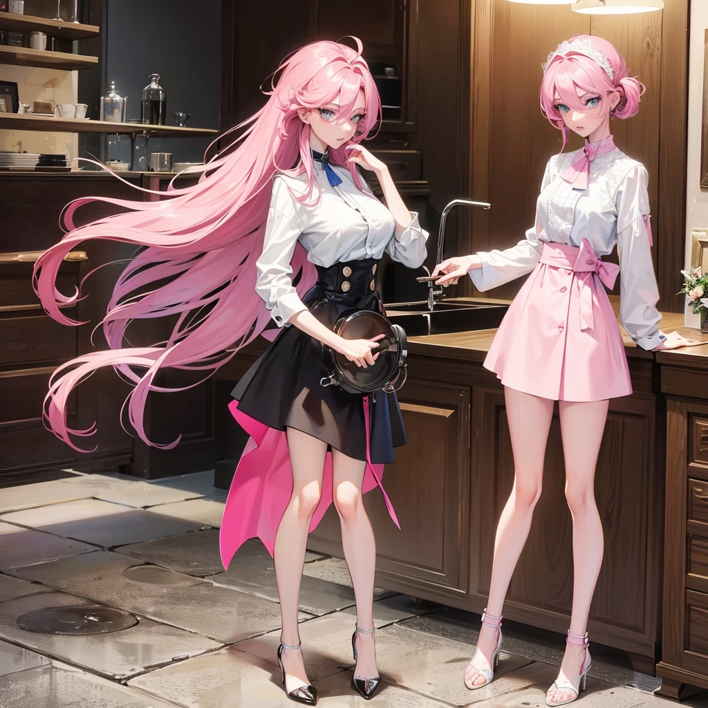 1girl,pink hair, open forehead, housewife, in the kitchen, blue eyes, slim waist, 20 years old, long legs, adult, correct anatomy, best quality, detailed eyes, high-quality hair, 2 eyes, 2 hands, correct leg anatomy, 2 legs, correct hand anatomy, long eyelashes, beautiful lips, lots of details, an adult beauty