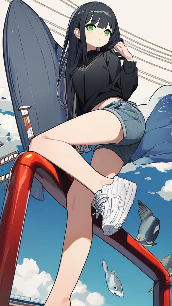 masterpiece, Exquisite detail,Highest quality, One girl, alone, handrail, cloud, Looking up at the buildings,Long Hair, NULL, Long sleeve, sneakers, Power lines, White footwear, Black Hair, View your viewers, Electric pole, bangs, cloudy NULL, fish, bird, Green Eyes, Shorts, Day, Black Shirt, barefoot,Whale flying in the sky,Giant whale