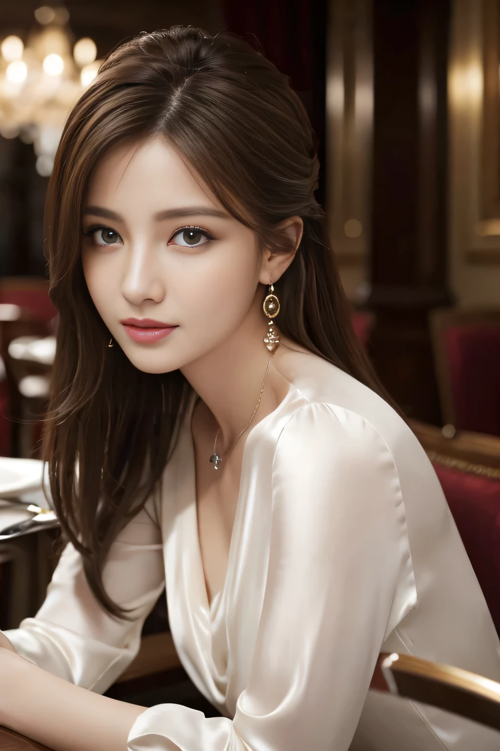 masterpiece, Highest quality, Realistic, Very detailed, Finer details, High resolution, 8k wallpaper, One beautiful woman, Wear an elegant white silk shirt, In a great restaurant, At night, Light brown messy hair, Perfect dynamic composition, Beautiful and beautiful eyes、Big earrings、Sit on a chair、