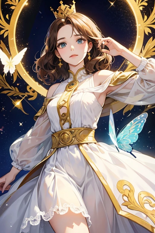The Butterfly Miraculous holder had waist length brown hair and wore a white dress with a golden crown inscribed with the symbol of the Order of the Guardians. SPARKLE; GLITTER