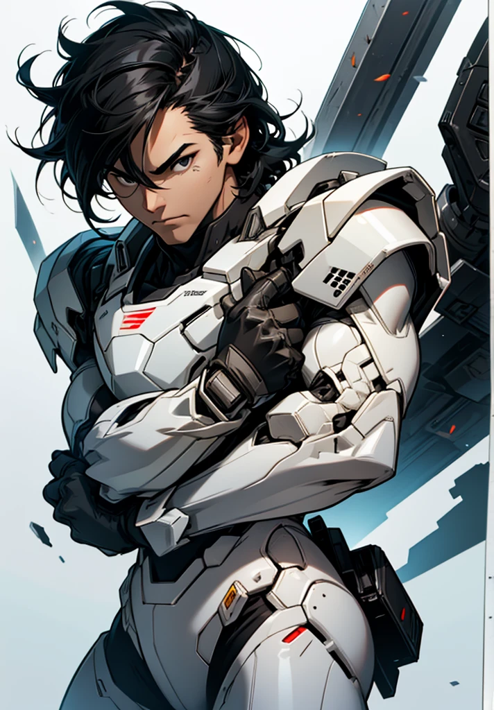 Man black hair, black eyes, square lens, White war suit, bland gloves and light sword