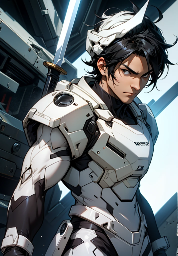 Man black hair, black eyes, square lens, White war suit, bland gloves and light sword