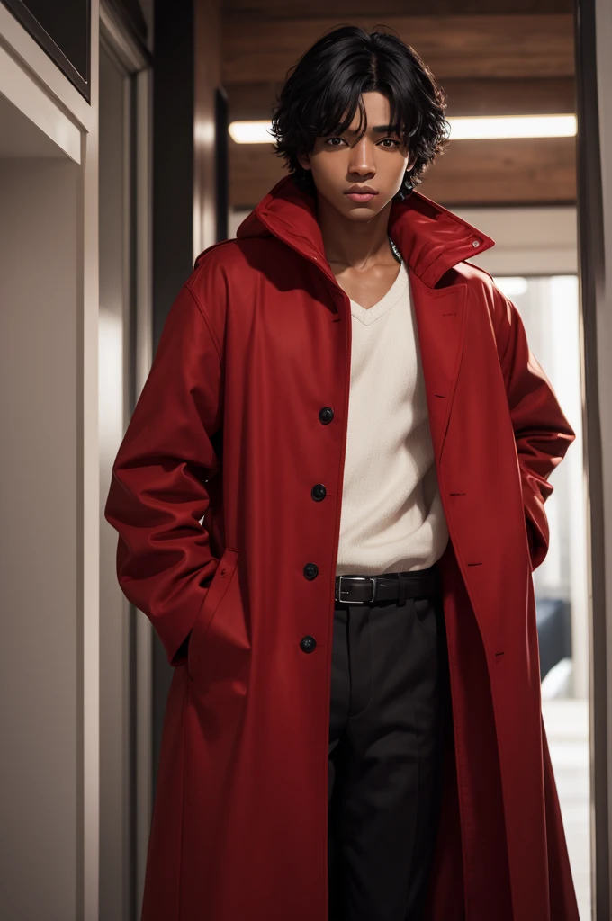 Black haired black boy, brown eyes and red coat