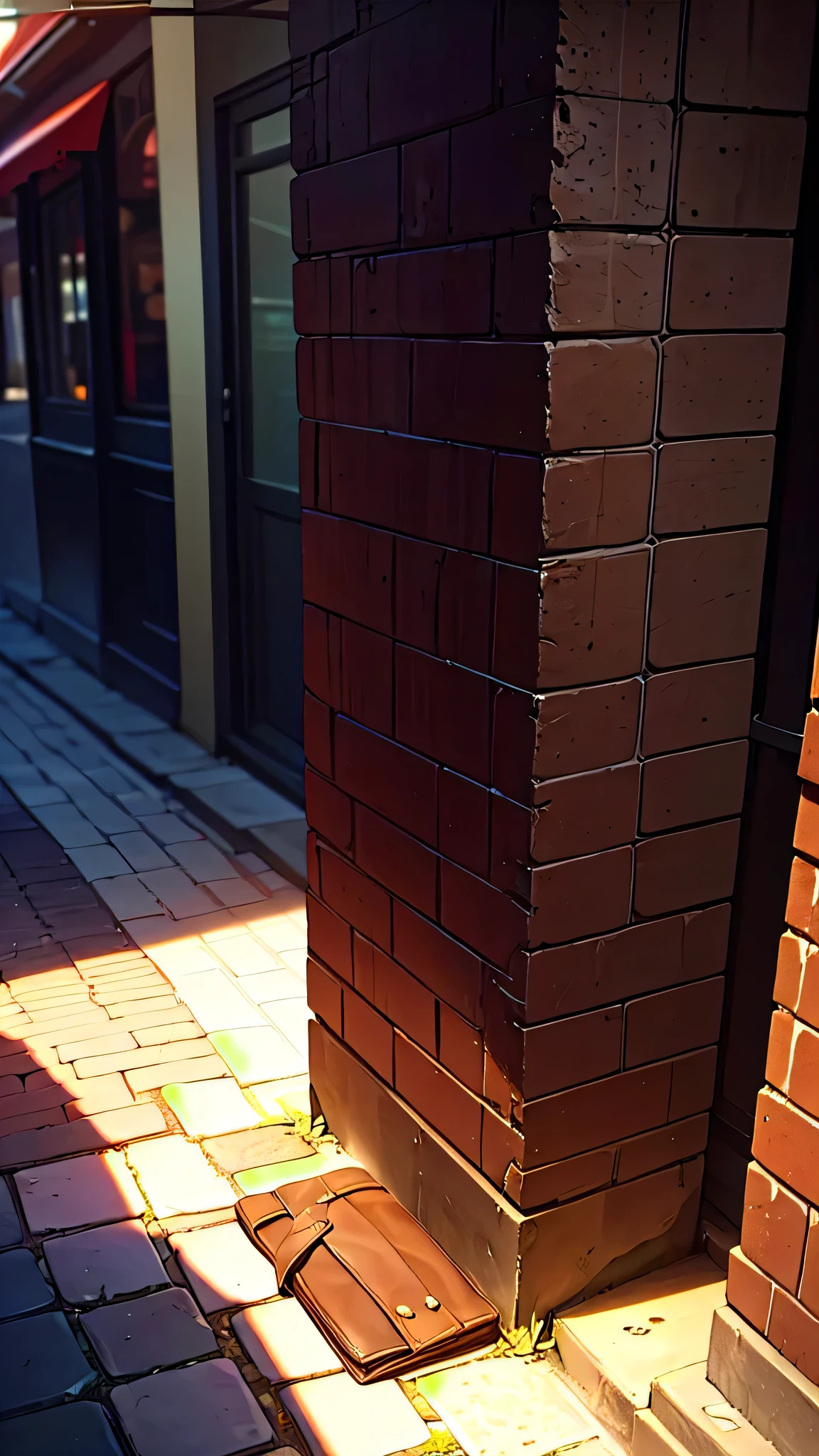 A brown leather wallet lies closed on the cobblestone pavement of a busy downtown street, illuminated by the afternoon sun. (best quality, 4k, 8k, highres, masterpiece:1.2), ultra-detailed, (realistic, photorealistic, photo-realistic:1.37), outdoor, colourful, soft lighting, lively atmosphere)