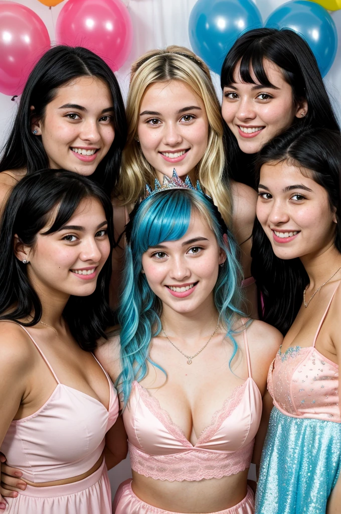 three 18 year old girls. One of them blonde, one black hair, one blue hair, Posing. Pink birthday party, lots of cleavage