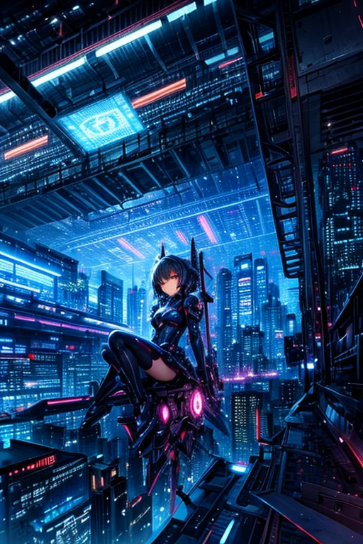 A girl sits on top of a complex machinery structure in a futuristic city
