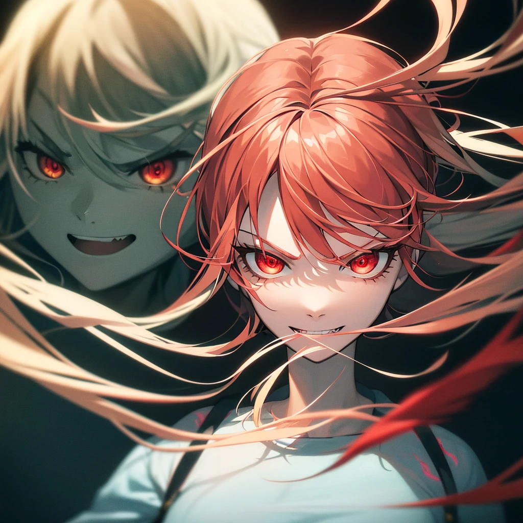 Girl 21 age, human race, no animal ears, human anatomy, proportional face , red eyes, white hair, beast teeth, dark room background , smile face, angry playful expression
bright red eyes that glow in the dark, abyss background 
