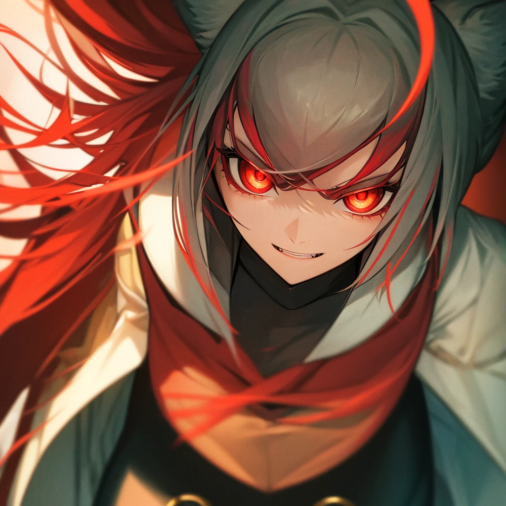 Girl 21 age, human race, no animal ears, human anatomy, proportional face , red eyes, white hair, beast teeth, dark room background , smile face, angry playful expression
bright red eyes that glow in the dark, abyss background