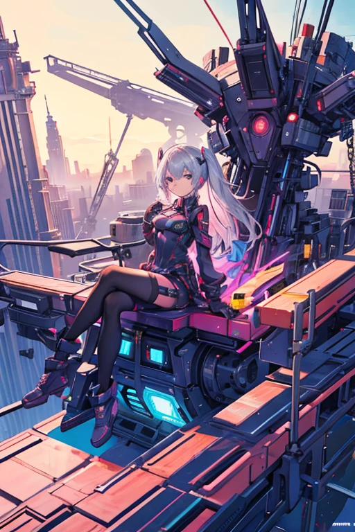 A girl sits on top of a complex machinery structure in a futuristic city
