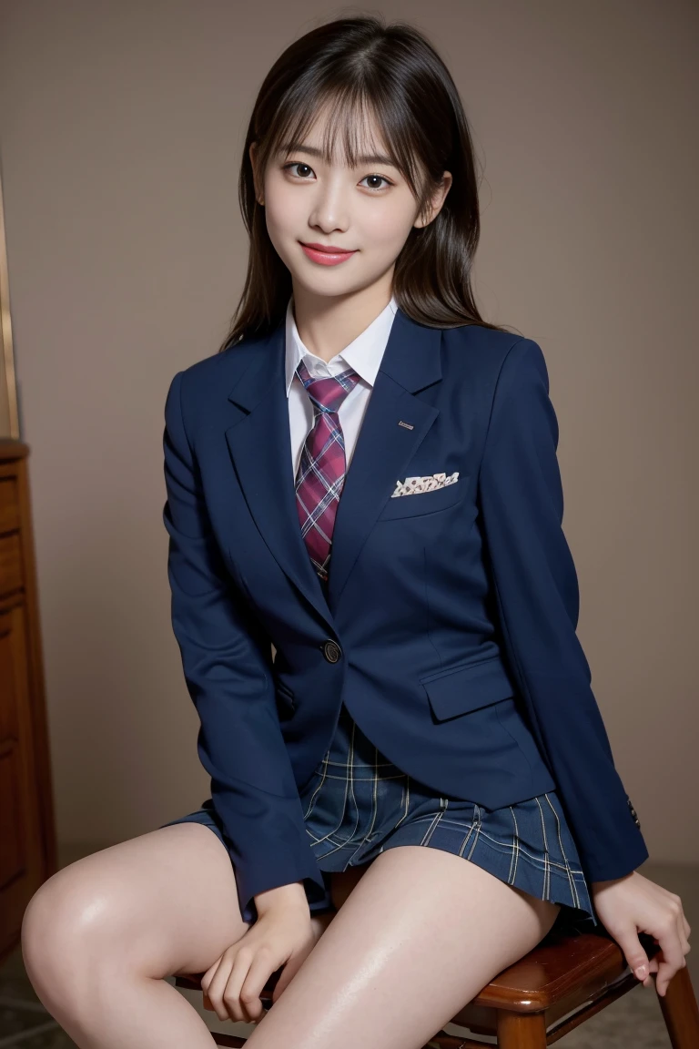(8k), (highest quality: 1.2), (Realistic), (Realistic: 1.37), Ultra-high resolution, (1 girl), cute, blush,Embarrassed smile, Beautiful details, Beautiful Nose, straight Hair, Giant Dulcefo, pork, Thighs,Self Snap,University Uniforms,(A simple dark blue blazer:1.4),(Pleated skirt:1.2),(The skirt and tie are tartan check pattern.:1.3),(Sitting:1), Sit on the chair,(Hold my feet:1),(Shiny legs:1.2),from the front,knees