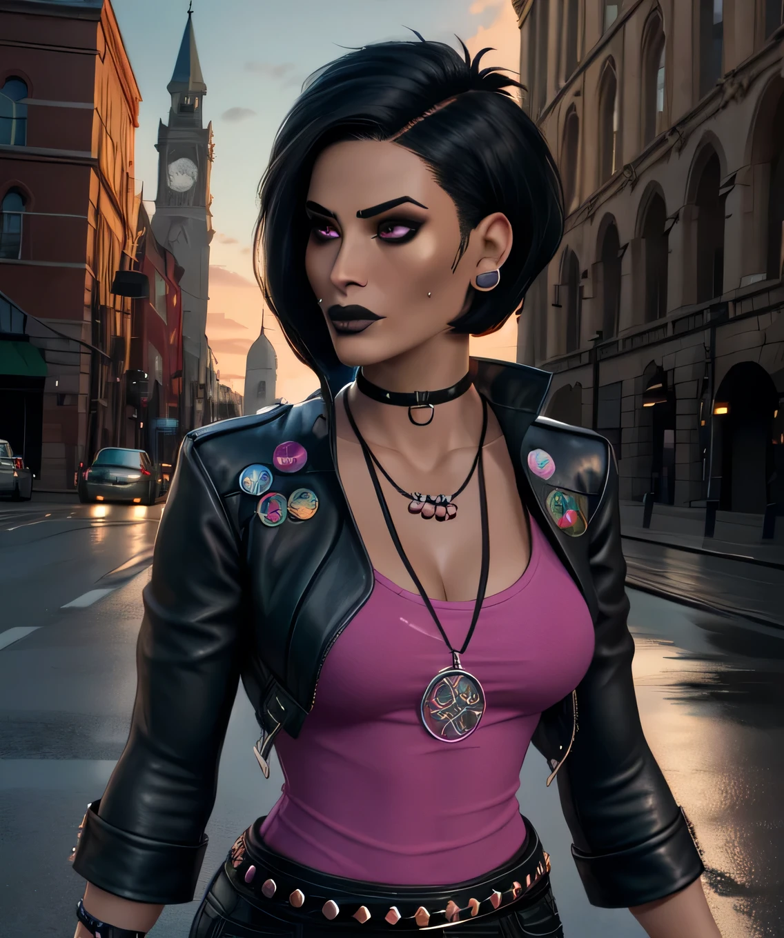 nico,piercing,nose piercing,black hair,hair to side,black lips,short short hair, brown eyes, 
earrings,necklace,leather jacket,pink shirt,belt,black pants,bracelet,choker,
standing,upper body,
night,outside,cathedral,
(insanely detailed, beautiful detailed face,beautiful detailed eyes, masterpiece, best quality),solo,