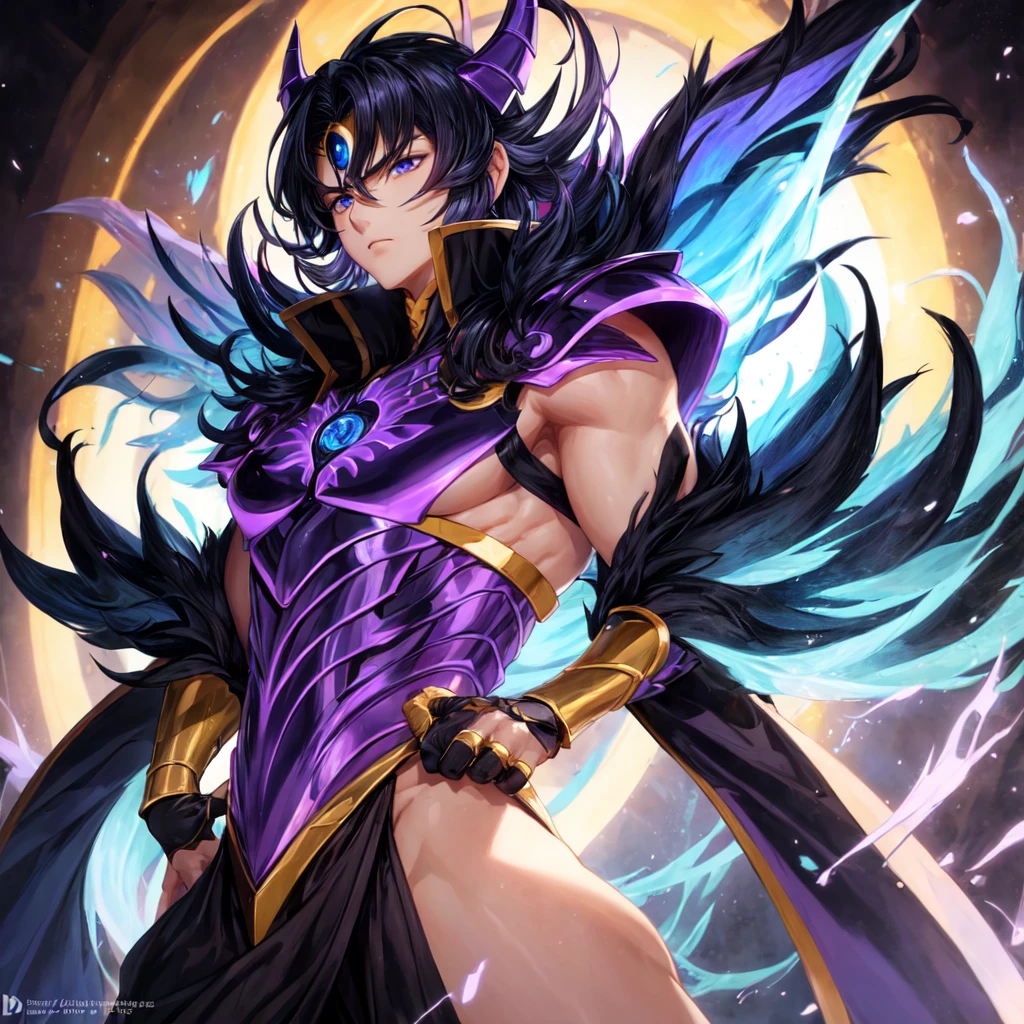 anime male character, close-up view, ((dark purple armor), (spectrum of hades), Saint Seiya), Sylphid de Basilisco, whole body, perfect body, he is floating in the air, detailed hands, serious look, detailed eyes, blue eyes, short hair, black fur, Demonic aura