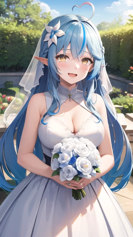 masterpiece, best quality, highres, 1girl, aalamy, long hair, streaked hair, ahoge, braid, hair flower, wedding dress, white dress, bridal veil, (bouquet:1.2), holding bouquet, smile, tears, open mouth, garden,