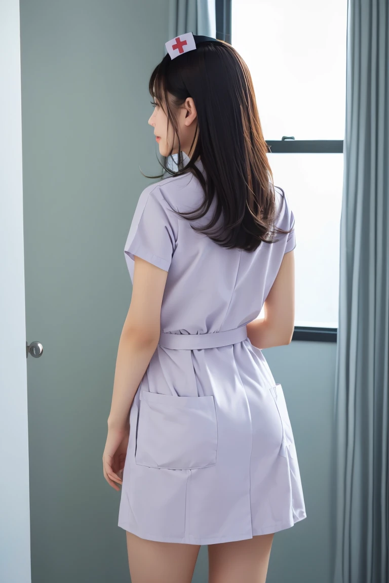 Highest quality, (Beautiful nurse:1.2)、Back view、slouch、looking at the camera、Larger breasts、Embarrassed、Cleavage、Lift up your skirt
