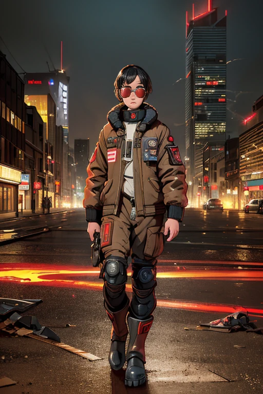 full body image, (ultra detailed,ultra high res,detailed background),1solo, looking at viewer, baggy flight suit, large shearling collared bomber jacket, (big red galoshes), plush collar, full body image, wearing sunglasses, ((smokey city background)), ((apocalyptic city)), entire body in frame, 