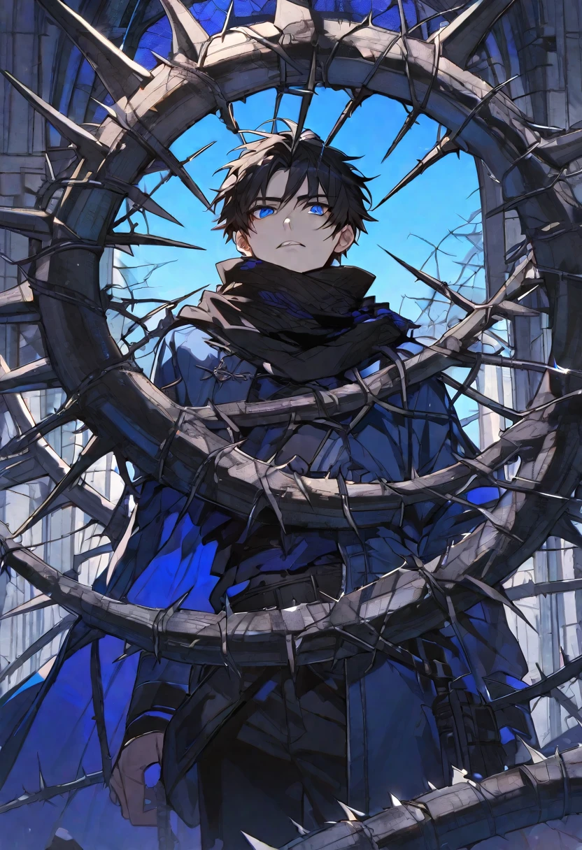 Solo, male, black hair, blue eyes, blue coat, black scarf, black roses, thorns