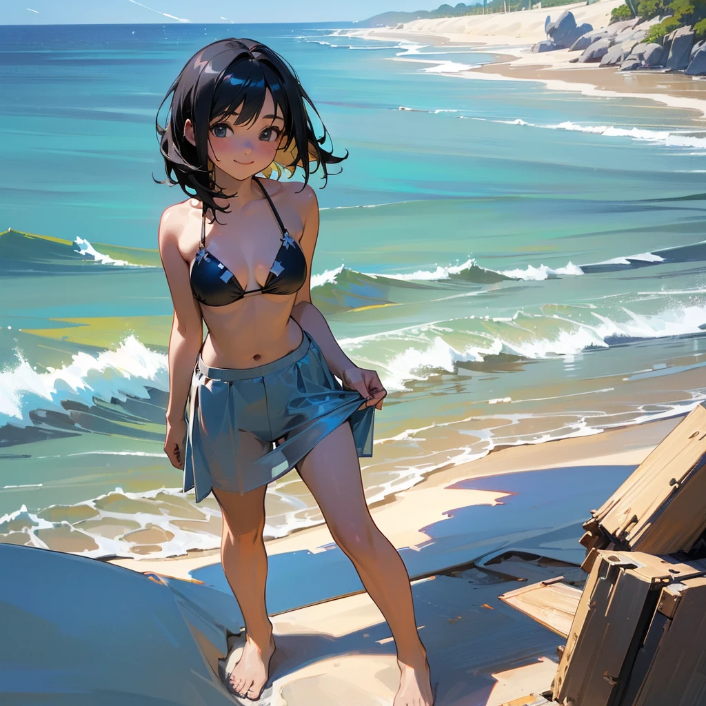 (high quality, High resolution, Very detailed, reality:1.37), Peaceful atmosphere, (Sandy Beach), age girl standing alone, (my breasts are big.), Beautiful details, Cute Smile, (Black bob hair), Bikini Swimwear, barefoot.