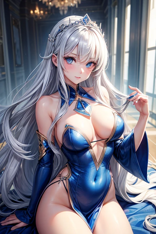 smart and incredibly beautiful, half Russian and half Japanese, with her long silver hair, mesmerizing blue eyes and exceptionally clear skin, Profiting clothes that show off your beautiful hot body, Princess Style, super naughty, chic, Super cute, lust