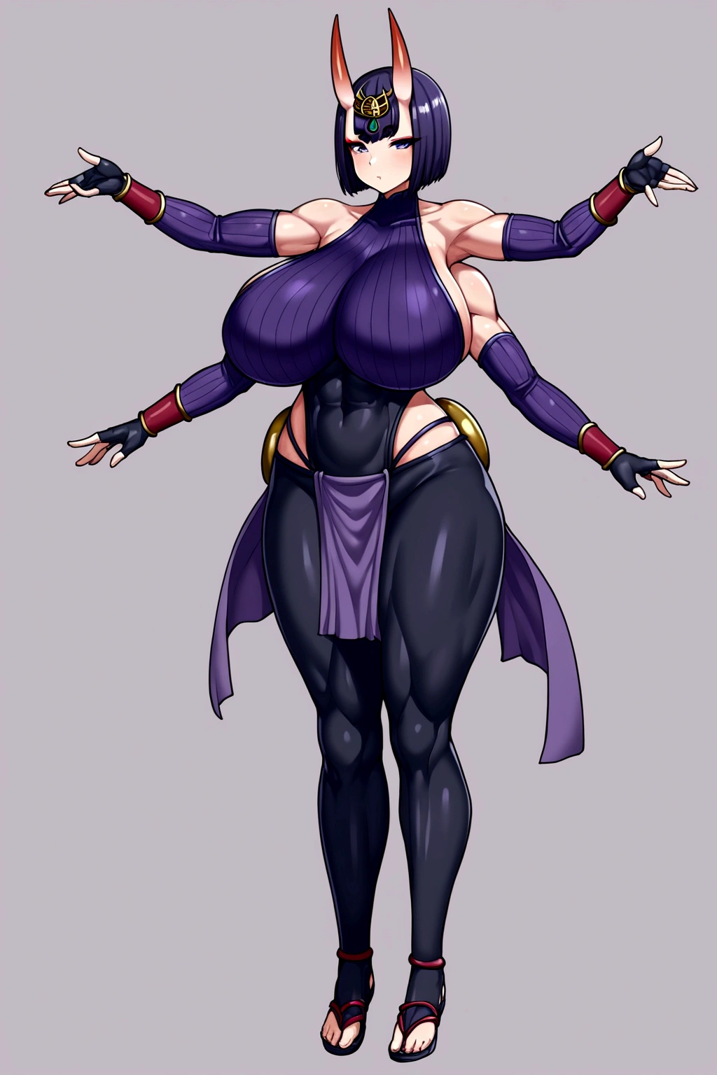 Shuten, arm guards, armor, black gloves, bodysuit, fingerless gloves, gloves, japanese armor, kote, loincloth, purple bodysuit, ribbed sleeves, tabard, toned, breasts, 4 breasts, huge breasts, big breasts, 4 arms, full body.