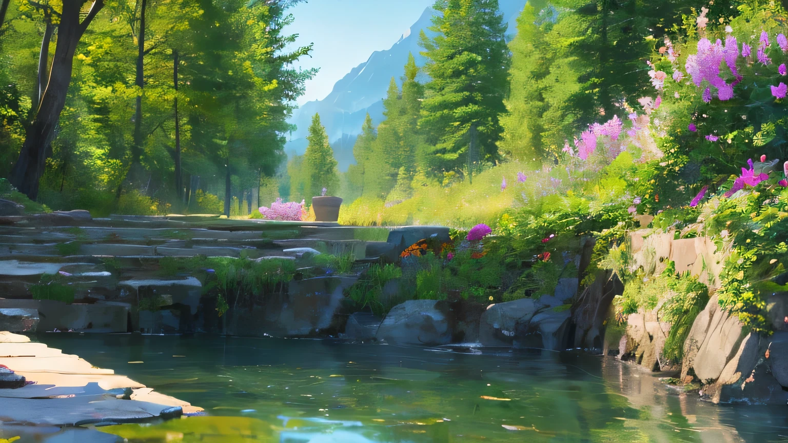 a little valley with huge cascades and flowers, i'ts in the morning
