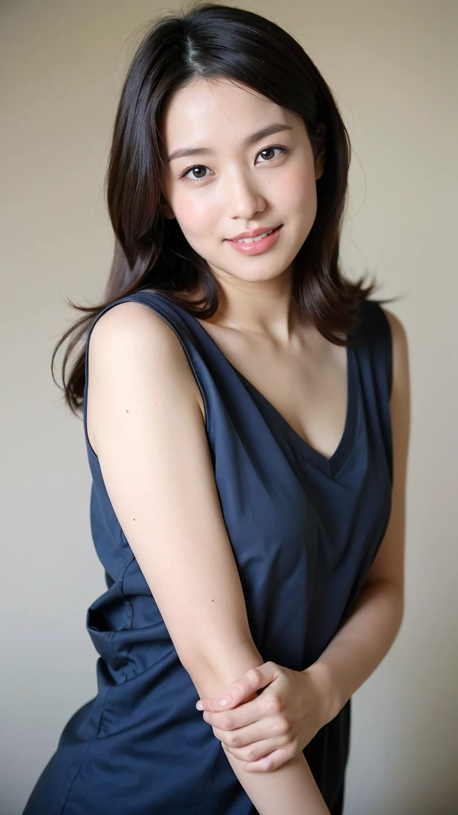 ((Highest quality、8K、masterpiece:1.3))、Realistic, Sharp focus, High resolution, High resolution,Portraiture, One person、Japanese、woman, beautiful woman, (((V-neck sleeveless casual dress)))、30 years old, Attractive person, Medium Long Hair,smile